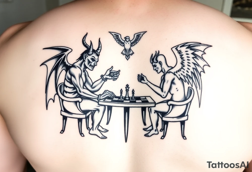 devil and angel playing chess in black. Make them seem like people and not animals. Sitting on chairs with an angel watching tattoo idea