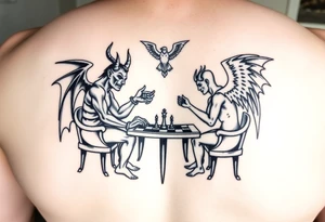 devil and angel playing chess in black. Make them seem like people and not animals. Sitting on chairs with an angel watching tattoo idea