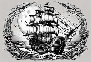 An old pirate ship sailing through rough waters during the night with a full moon tattoo idea