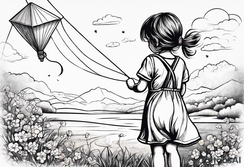 back image of a little girl in a dress, flying a kite and a teddy bear in overalls, standing beside her tattoo idea