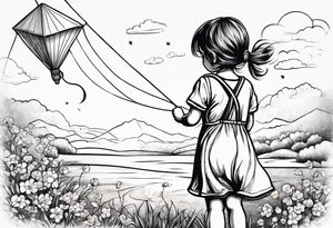 back image of a little girl in a dress, flying a kite and a teddy bear in overalls, standing beside her tattoo idea
