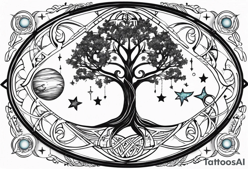 tree of life with 2 pisces fish a cross surrounded by stars and planets tattoo idea