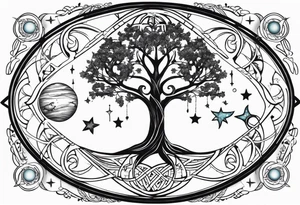 tree of life with 2 pisces fish a cross surrounded by stars and planets tattoo idea