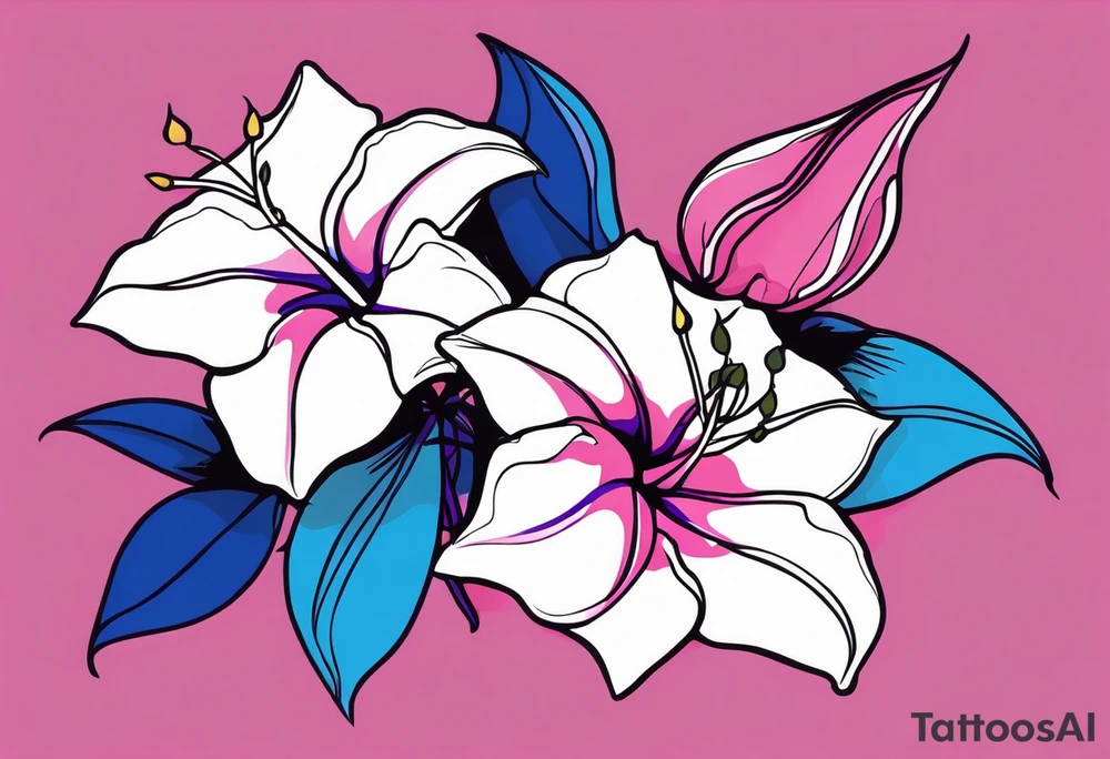 abstract pink, purple, and blue mandevilla flowers on a vine, with color leaking out into the background. SOme of the flowers should be full color, and some just linework. It should have a handdrawn, sketch feel. tattoo idea
