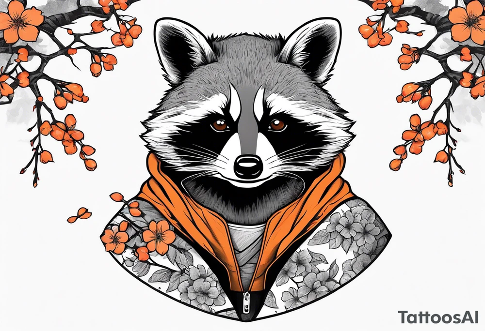 raccoon wearing a Superman hoodie with orange Japanese cherry blossoms tattoo idea