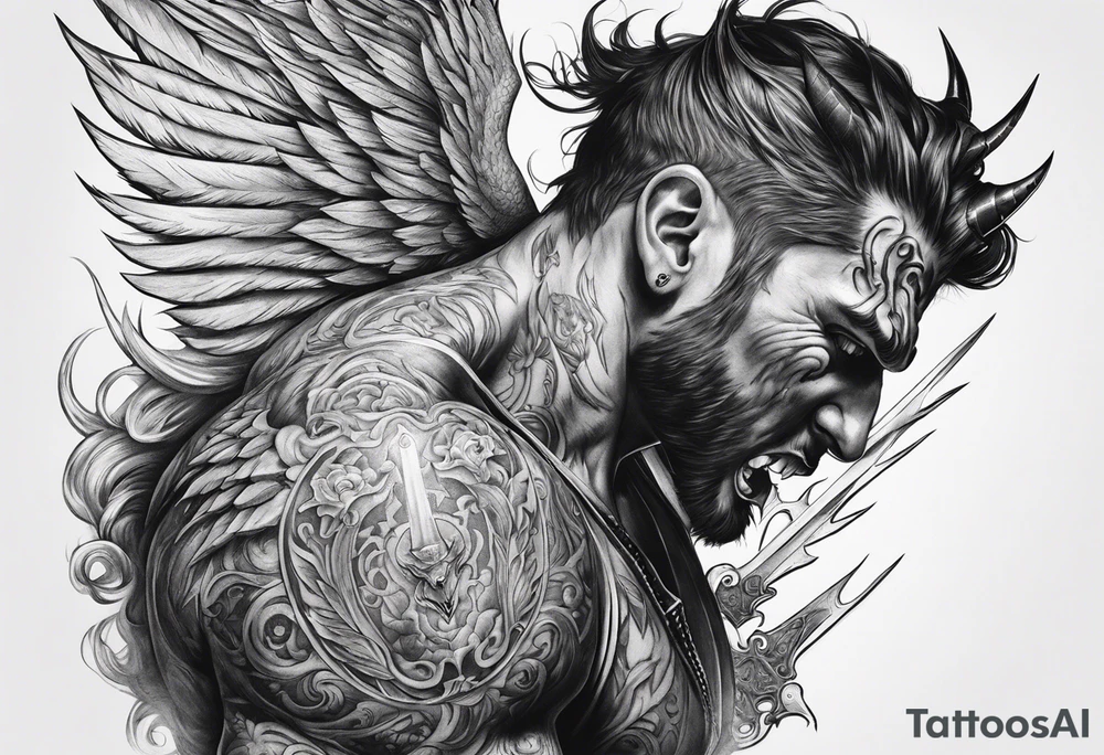 Demon being stabbed in the back by angel tattoo idea