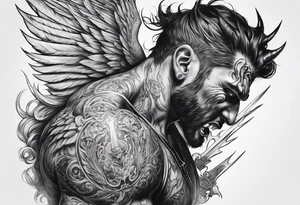 Demon being stabbed in the back by angel tattoo idea