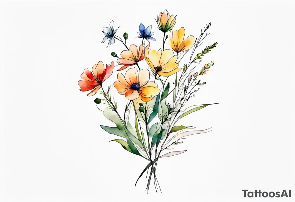 wild flowers long stems bouquet all watercolor tattoo idea