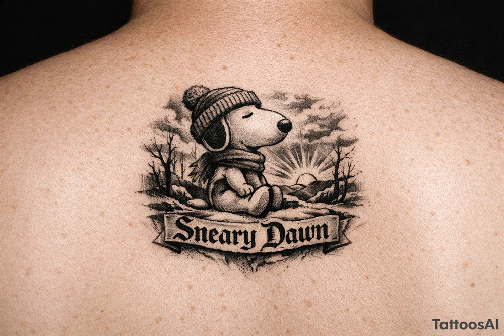 Snoopy with saying Sneary Dawn tattoo idea