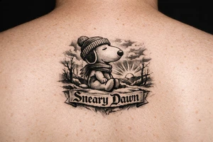 Snoopy with saying Sneary Dawn tattoo idea