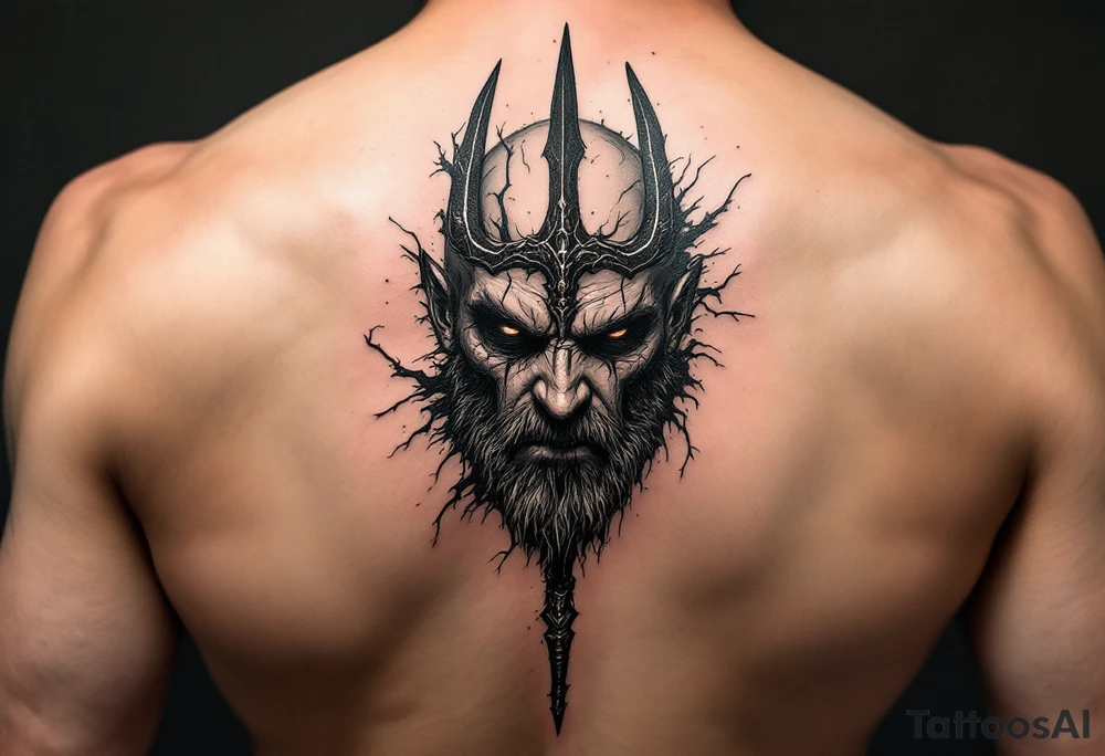 mad man face behind trident tattoo idea