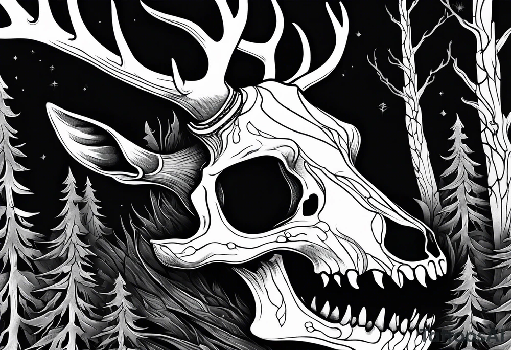 scary side view of a DECAYING deer skull JUST BONE surrounded by a forest fire in background tattoo idea