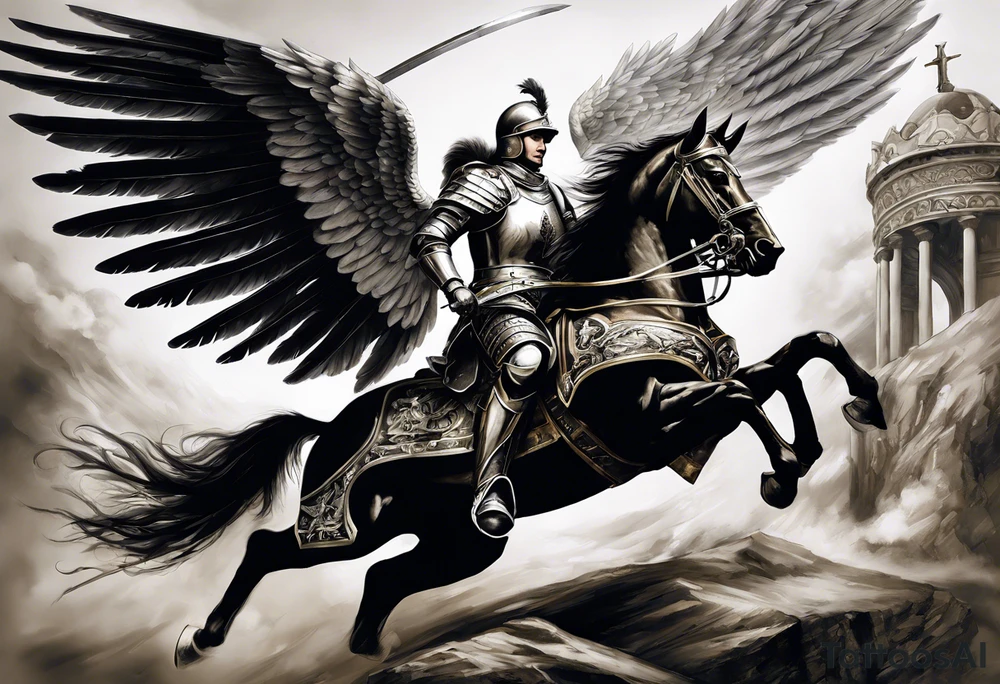 **Main Theme**: A Hussar on horseback in full armor, dynamically portrayed in the middle of a charge. The Hussar's wings are clearly visible, adding dynamics to the composition.
   - Archangel Michael positioned in the background, with a raised sword ready for battle, armed with a shield.
   - The Hussar is holding a banner showcasing the White Eagle.
   - Elements of the Arch tattoo idea