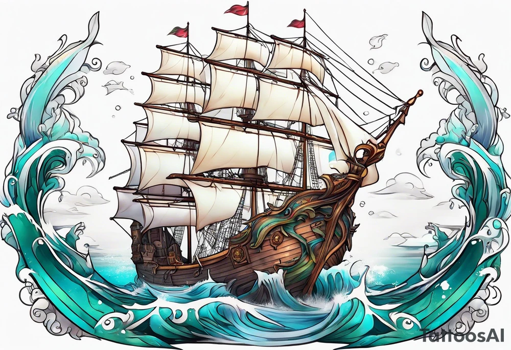 mermaid with galleon ship tattoo idea