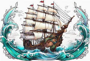 mermaid with galleon ship tattoo idea