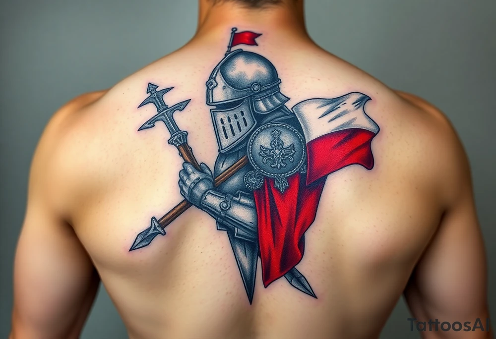 A knight in medieval armor holding a Czech flag, inspired by Hussite warriors, with battle-worn silver and red tones. tattoo idea