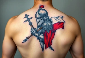 A knight in medieval armor holding a Czech flag, inspired by Hussite warriors, with battle-worn silver and red tones. tattoo idea