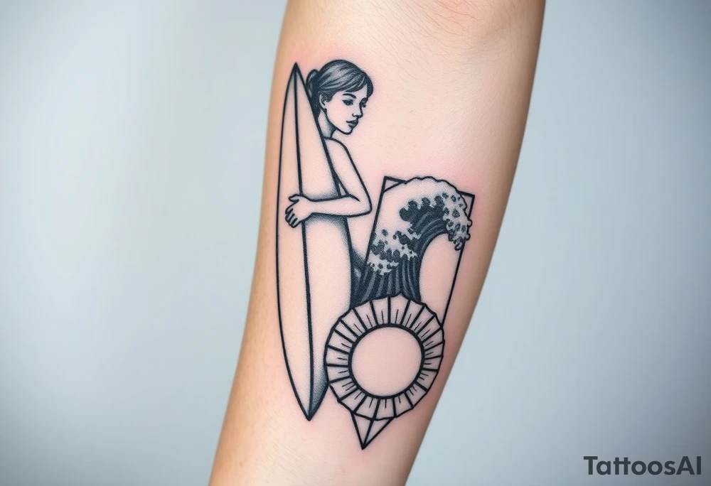 New school geometrical concept tattoo with the girl holding surfboard in a vertical position her face is turned 60 degrees to out side, the bottom part of a body is showed, on the right side of a tattoo is the realistic wave closed in a frame. And the bottom of a taro is a palenesiab sun. Link the objects based on new school geometry tattoos. tattoo idea