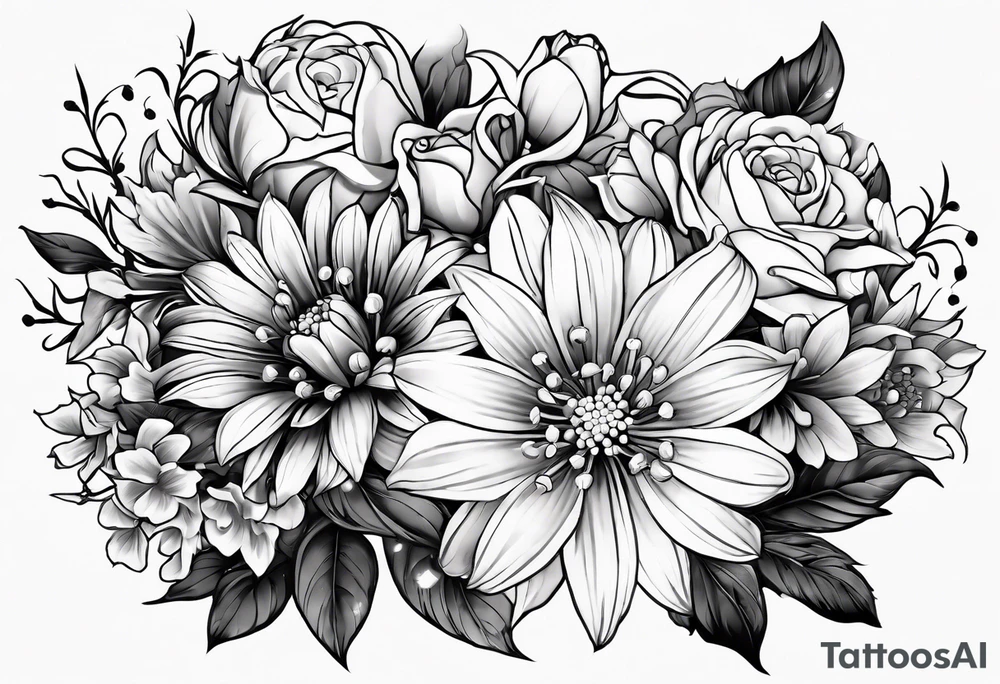 Asters, roses, lily of the valley, and chrysanthemums in a long line tattoo idea