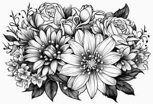 Asters, roses, lily of the valley, and chrysanthemums in a long line tattoo idea