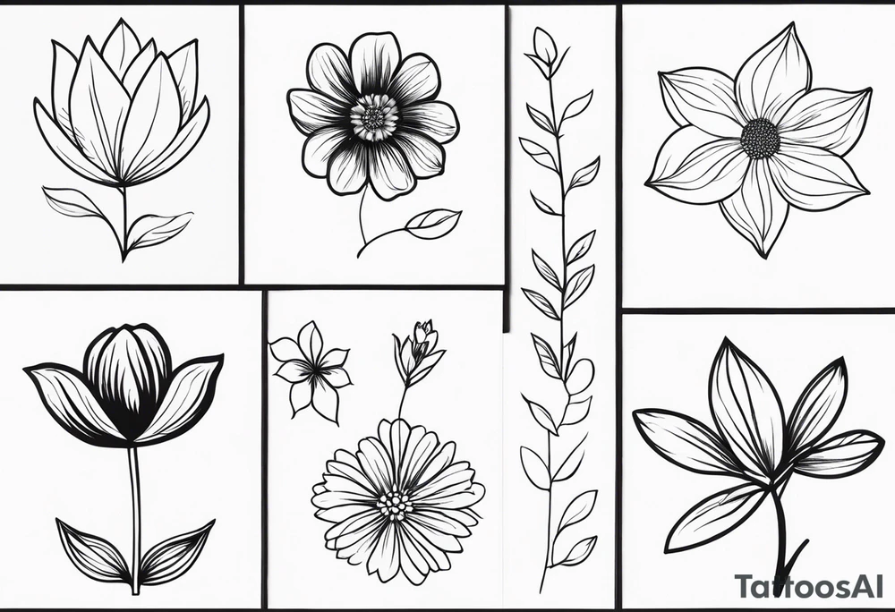 “Produce a series of minimalist flower tattoos, each representing different blooms with a focus on simplicity and beauty.” tattoo idea