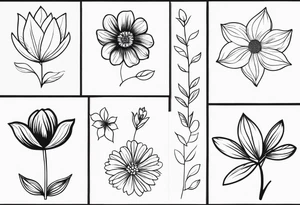 “Produce a series of minimalist flower tattoos, each representing different blooms with a focus on simplicity and beauty.” tattoo idea