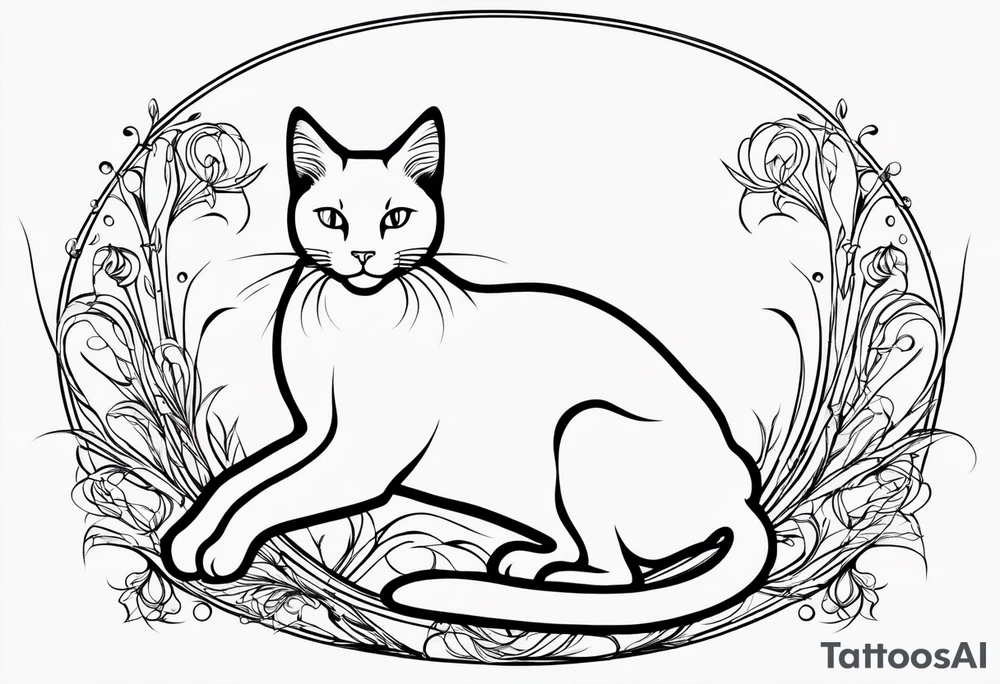 Design a simple outline tattoo of a cat stretching, embodying grace and flexibility, perfect for a subtle yet expressive design tattoo idea