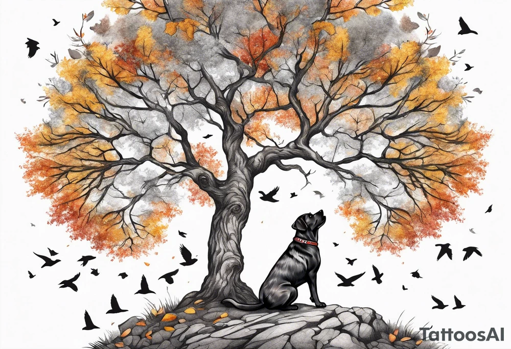 Autumn tree with medium grey brindle dog sitting to the right looking up at it and birds flying out the top of it tattoo idea