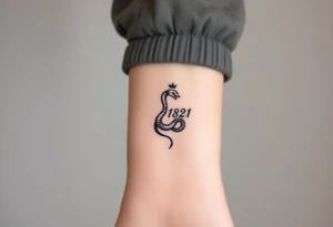 I want a small simple silhouette lines black and white wrist princess like snake tattoo that has number 12821 on its body along and also I want it to represent feminine energy crown queen Cycle tattoo idea