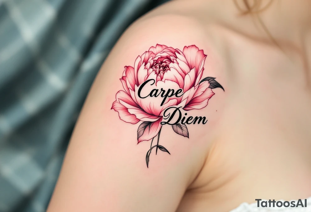 "Carpe Diem" in fine-line black ink curling around a soft pink peony. tattoo idea