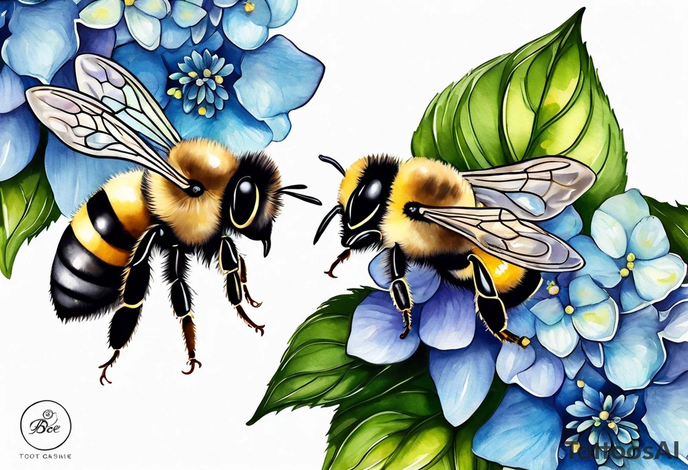 Small tattoo. There’s a hydrangea and a bee but they are not touching. Make the bee smaller than the hydrangea and have the bee off to the side. Bee is smaller than the hydrangea tattoo idea