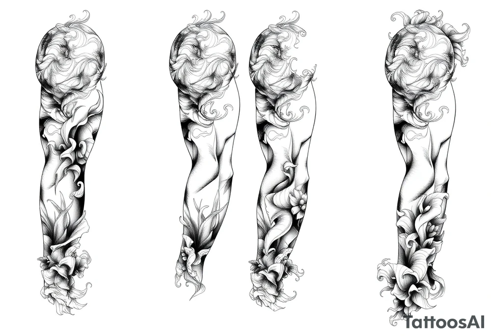 Tattoo sleeve filler using smoke, ash, and fragmented memory effects, organic flow wrapping around arm muscles, soft gradients, negative space, black and grey realism, seamless transitions between main tattoo elements. tattoo idea