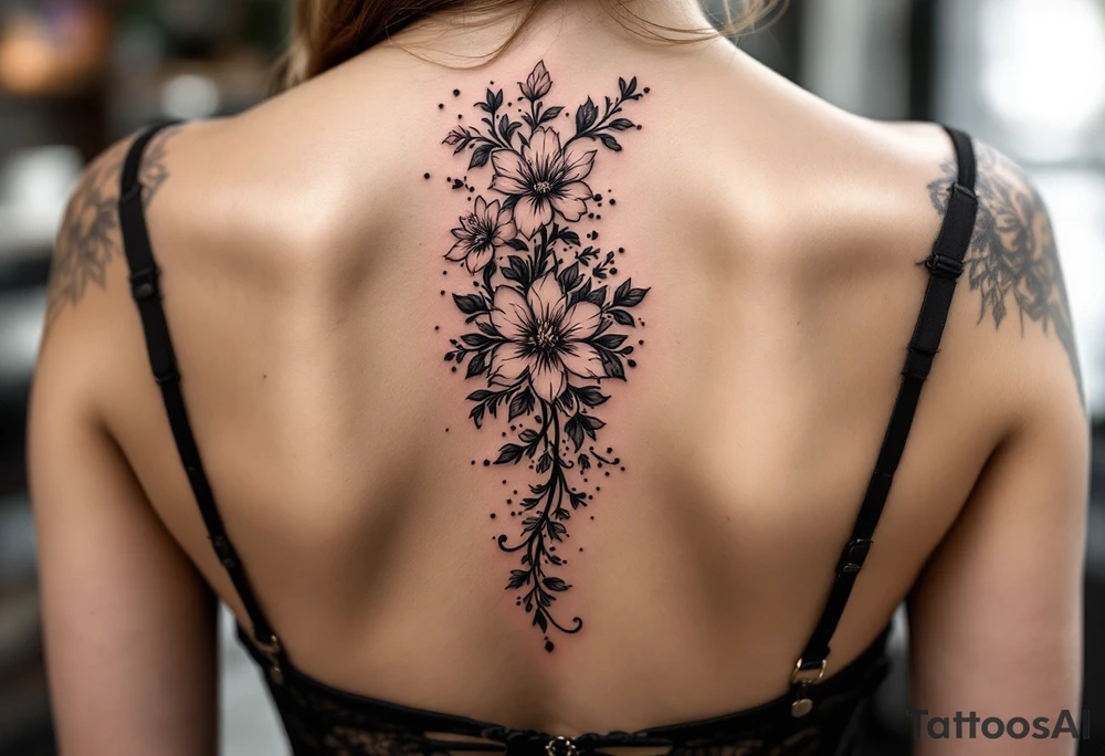 1.	Cherry Blossom Flow (Central Spine): A cascading cherry blossom flowing vertically along the spine to cover the central portion of the existing tattoo. Symmetrical patterns inspired by ornamental designs, with intricate curves and dotwork extending outward from the base of the spine. These elements should balance the floral motif and enhance the lower back area with a decorative, feminine flair.
	3.	Dotwork and Contouring: Delicate linework and dot patterns should be added around the floral design to give texture and seamlessly blend the tattoo with the surrounding skin. The ornamentation should curve naturally along the shape of the body, creating a cohesive, elegant look. tattoo idea