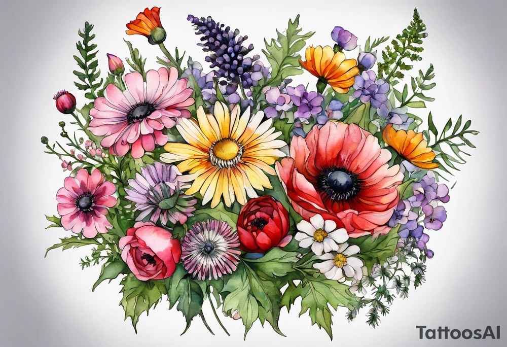 wildflowers with thistles, ferns, ranuculus, white anemones with black center, sun flowers, red flowers, pink flowers, purple flowers, buttercups, babys breath, daisies, and greenery all in watercolor tattoo idea