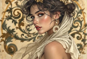Alfons Mucha’s art nouveau woman with pearl earrings, flowing beige scarf, and a backdrop of swirling bronze flourishes. tattoo idea