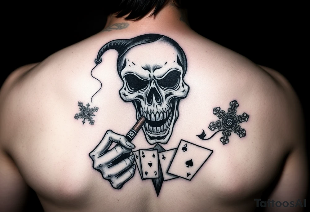 Gangster scene clown skull mid evil smoking cigar playing cards on the streets tattoo idea