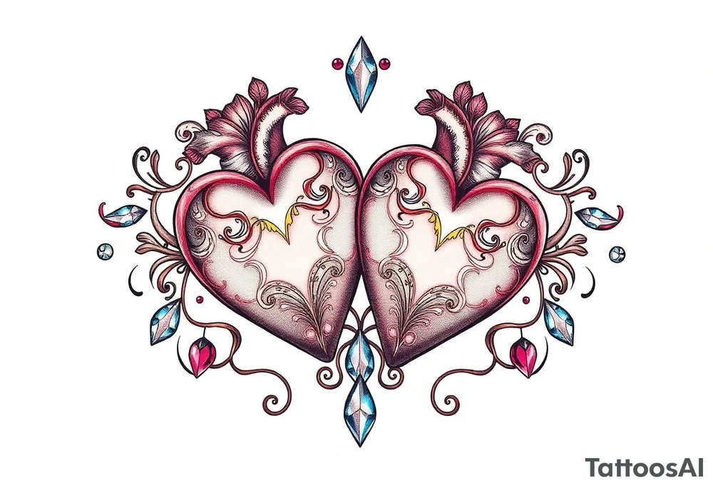 Two hearts surrounded by filigree and crystal or gem accents tattoo idea