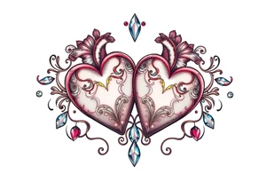 Two hearts surrounded by filigree and crystal or gem accents tattoo idea