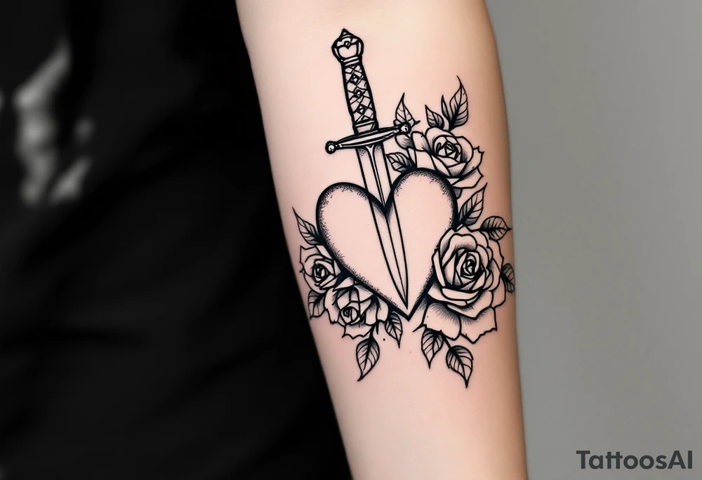 dagger piercing a heart with roses tattoo idea