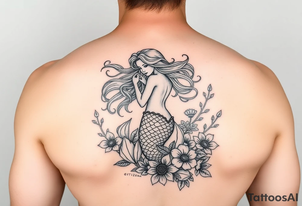 ethereal mermaid with flowing hair among coral and sea flowers tattoo idea
