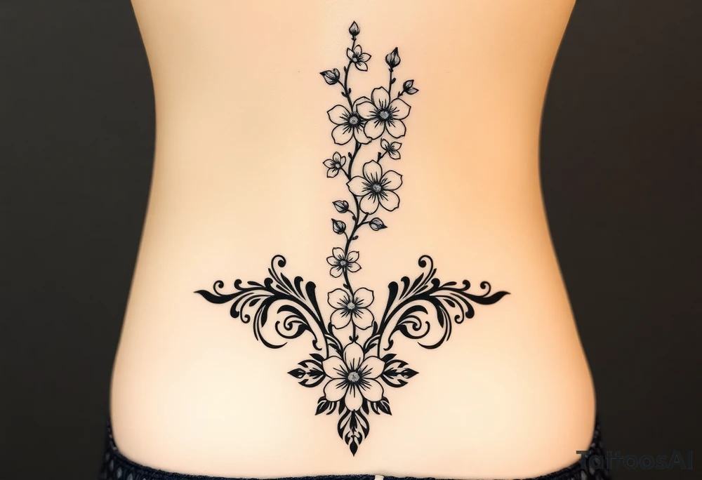A detailed and elegant tattoo design for the spine, incorporating a vertical flow of cherry blossoms  The lower back features symmetrical ornamental elements inspired by tribal and decorative patterns, seamlessly blending into the floral motif. The design uses fine linework, intricate dotwork, and soft curves that follow the natural contours of the body, creating a feminine and cohesive piece. The overall aesthetic is balanced, with a mix of bold ornamental elements at the lower back and light, airy floral accents along the spine. tattoo idea