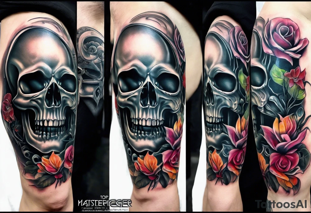 H.R. Giger Knee tattoo with realistic evil skull, various flowers, water and fall colors tattoo idea
