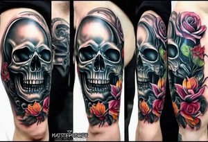 H.R. Giger Knee tattoo with realistic evil skull, various flowers, water and fall colors tattoo idea