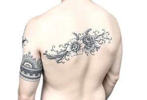 a half sleeve with porcelain blue style with ornate and floral decor with a detailed banded border at the wrist and elbow. tattoo idea