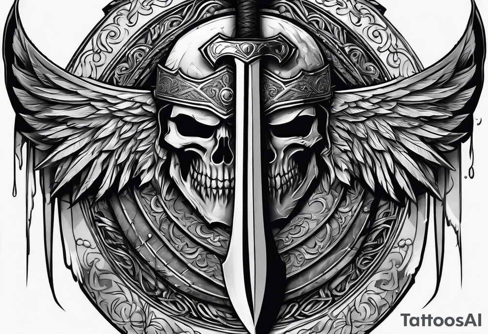 Valhalla sword shield axe mist tattoo idea