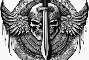 Valhalla sword shield axe mist tattoo idea