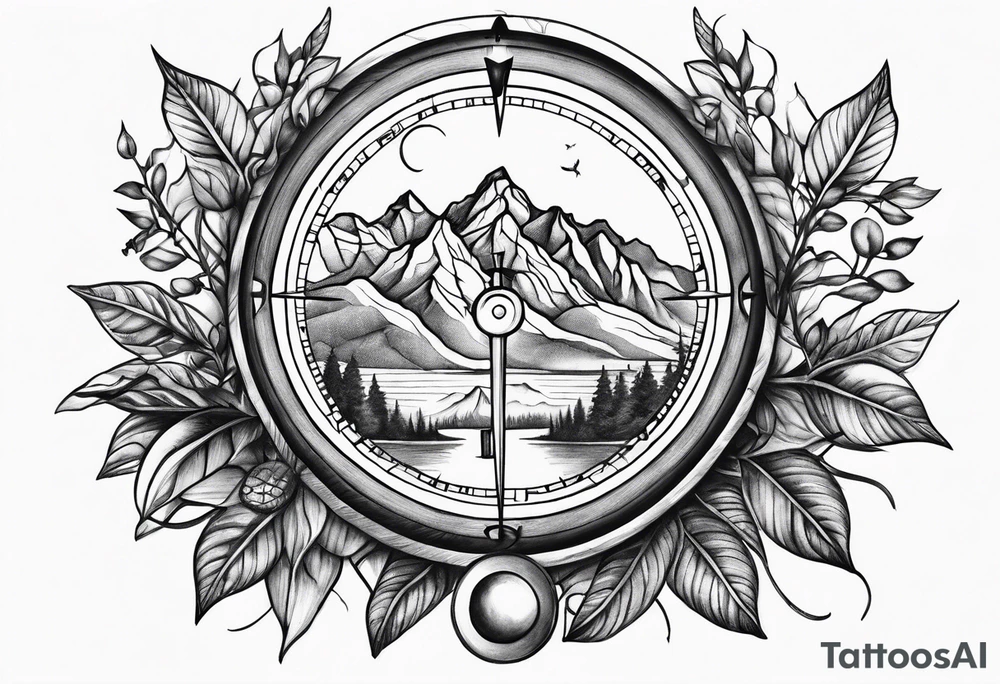 Vine branch long with mountains music compass tattoo idea