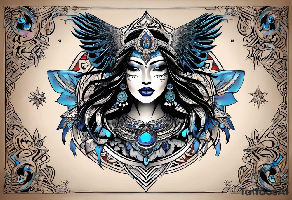 black kali, goddess pirate, alien, angel, pachamama, valkrye, warrior, flying, skull, lotus azul, wing, eagle, zenza resonance, stars, 5D, anahata chakra, death, durga, riding on a tiger, flying lady tattoo idea