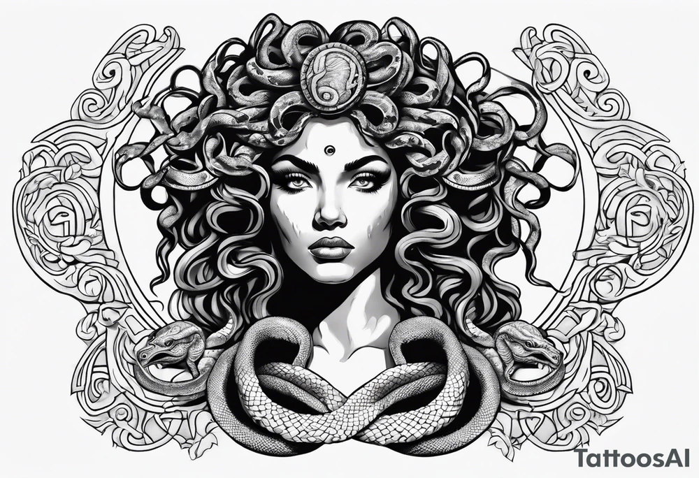 Realistic Medusa with Snake Eyes, hands on her cheek looking scared with a greek background tattoo idea