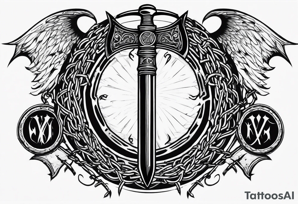 Valhalla sword round shield axe barbed wire chains tattoo idea